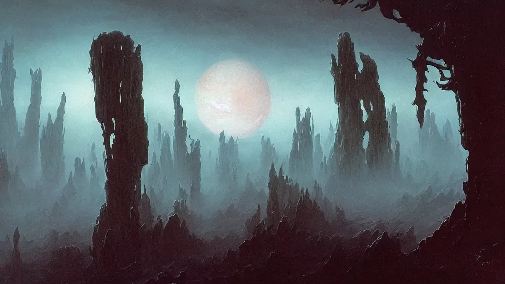 Prompt: eerie atmospheric alien worlds by michael whelan and bernie wrightson, epic cinematic matte painting