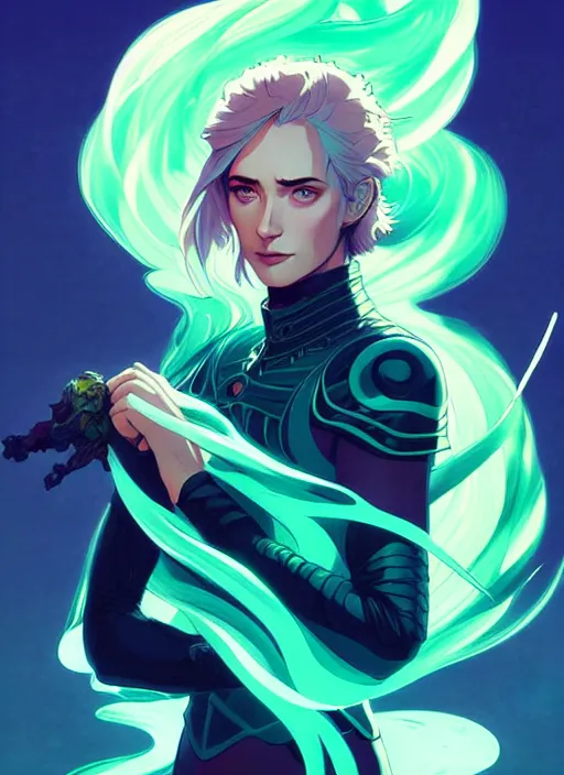 Image similar to style artgerm, joshua middleton, illustration, emily blunt as rune knight wearing green pelt light armor, anime eyes, blue hair, swirling water cosmos, fantasy, dnd, cinematic lighting