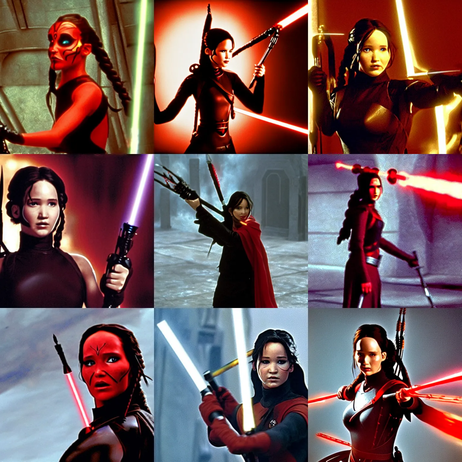 Prompt: Katniss Everdeen as Darth Maul, film still from 'Star Wars: The Phantom Menace'