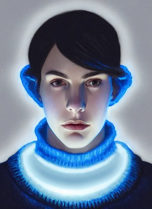 Image similar to portrait of teenage jughead jones wearing a light grey crown, crown, blue turtleneck, closed eyes, photorealistic, black hair, glowing lighting, intricate, elegant, glowing lights, highly detailed, digital painting, artstation, concept art, smooth, sharp focus, illustration, art by wlop, mars ravelo and greg rutkowski