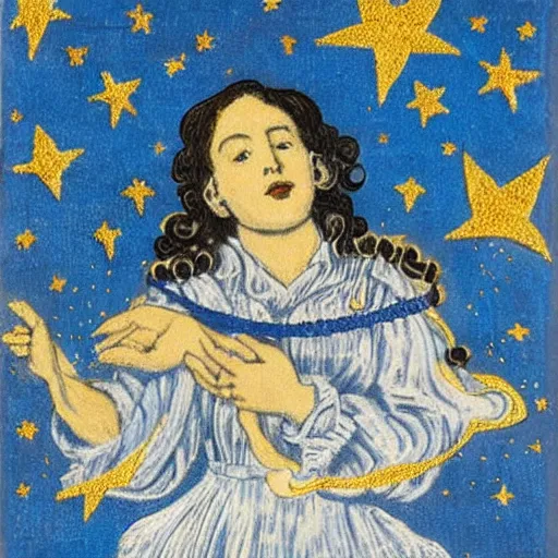 Image similar to The collage features a woman with wings made of stars, surrounded by a blue and white night sky. The woman is holding a staff in one hand, and a star in the other. She is wearing a billowing white dress, and her hair is blowing in the wind. leather, kokedama by Mark Briscoe terrifying