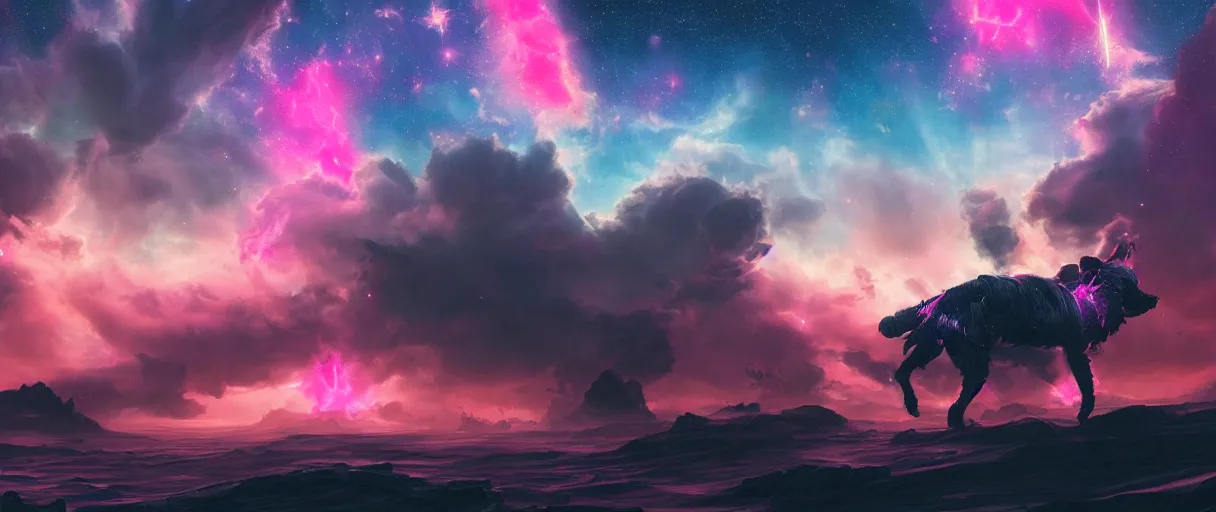 Prompt: space, hyperdetailed illustration, portrait big dark dog, mohawk, stars, pink, neon, oil painting, rich deep colors masterpiece, pirate neon ship, ultra detailed, contrast, heaven pink, clouds, volumetric light, atmospheric lighting, dramatic, cinematic, moody, octane render 4 k, 8 k