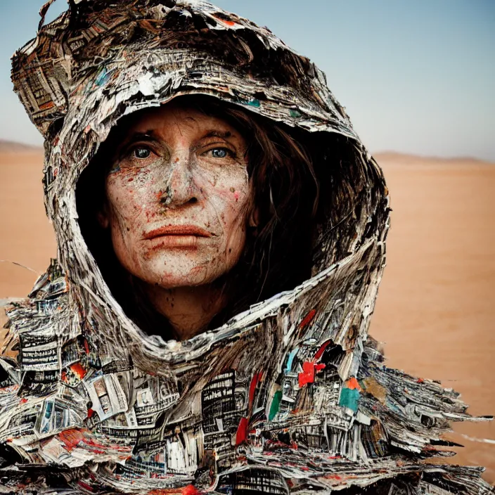 Image similar to closeup portrait of a woman with a hood made of newspaper and confetti, standing in a desolate apocalyptic landscape, by Annie Leibovitz and Steve McCurry, natural light, detailed face, CANON Eos C300, ƒ1.8, 35mm, 8K, medium-format print