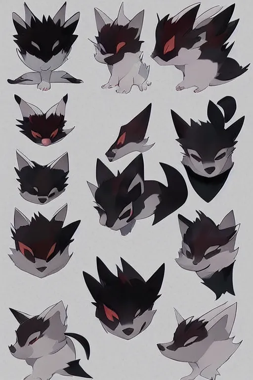 Prompt: zorua pokemon, stylised fox - like appearance, black and auburn colour pallet, thick furry neck and chest fluff, stylised 🖌 - like hair, pokemon concept art with multiple angles, super detailed, clean lines, digital art