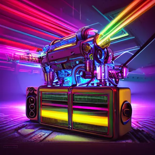 Prompt: cover art, album is called tripmachine, tripmachine, photo of a huge futuristic steampunk machinery made of boomboxes, connected with glowing tubes 8 k, fluorescent colors, halluzinogenic, multicolored, exaggerated detailed, front shot, 3 d render, octane