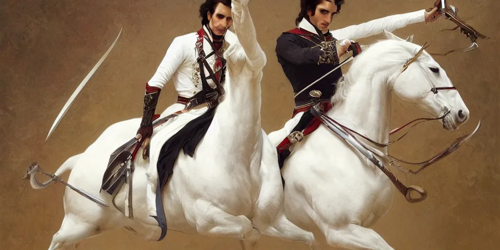 Prompt: portrait of simon bolivar holding a sword and rinding a white horse, intricate, elegant, highly detailed, digital painting, artstation, concept art, smooth, sharp focus, illustration, art by artgerm and greg rutkowski and alphonse mucha and william - adolphe bouguereau