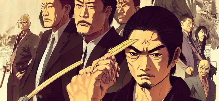 Image similar to a yakuza gang prepares for war, digital painting masterpiece, by ilya kuvshinov, by frank frazetta, by mœbius, by reiq, by hayao miyazaki, intricate detail, beautiful brush strokes, advanced lighting technology, 4 k wallpaper, interesting character design, stylized yet realistic anatomy and faces, inspired by kill bill animated scene