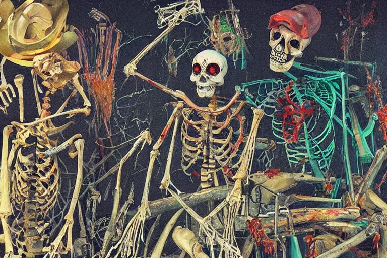 Image similar to scene from fishing, day of the dead, cyber skeleton, neon painting by otto dix