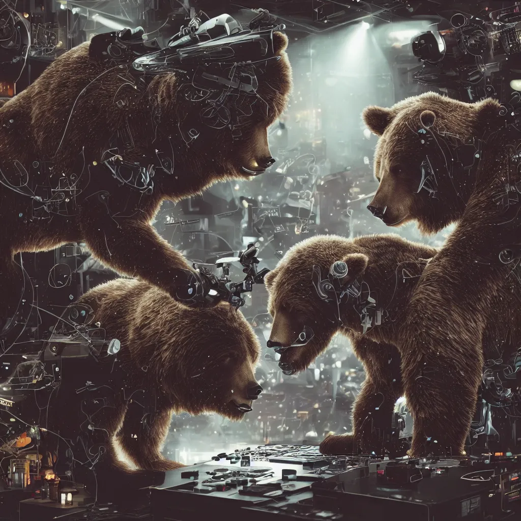 Image similar to a cyborg grizzly bear dj mixing records on stage, photorealistic, highly detailed, illustration, lifelike, highly detailed, intricate, octane render, sharp focus, cyberpunk