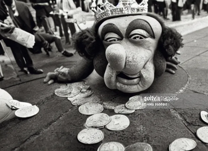 Prompt: Clown Frog King loses his life's savings, Monte Carlo 1976