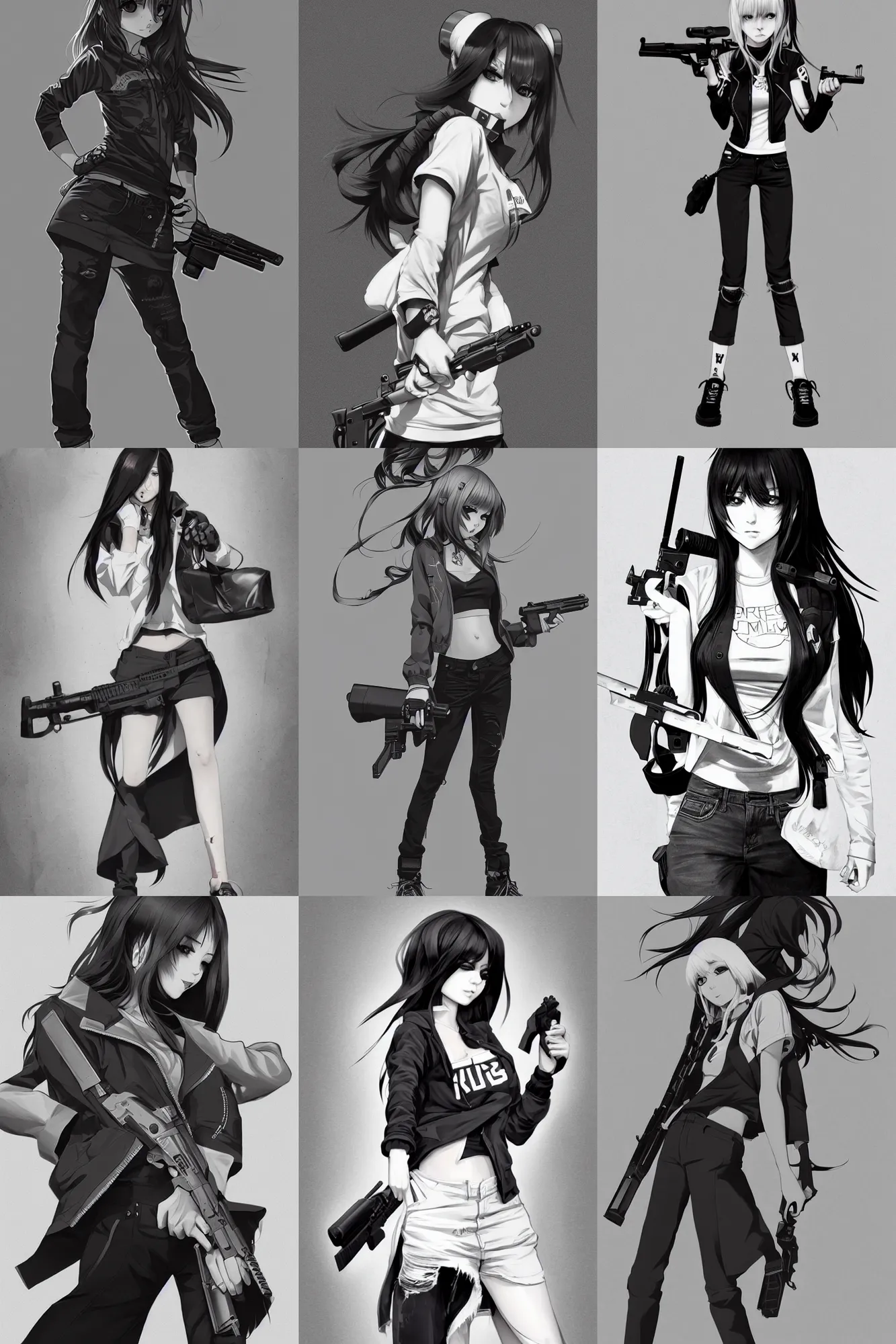 Prompt: full body character poster art of female gang leader in modern streetwear holding a gun, long straight hair, grayscale, cute face, pretty face, anime by kuvshinov ilya, artgerm and greg rutkowski, 4 k, graphic design, adobe illustrator, behance, trending on pixiv