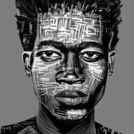 Image similar to A extremely highly detailed majestic hi-res beautiful immaculate head and shoulders painting of a strong black african man by Jean-Michel Basquiat, 8k, high textures, hyper sharp, insanely detailed and intricate, super detailed, 4k HDR high quality