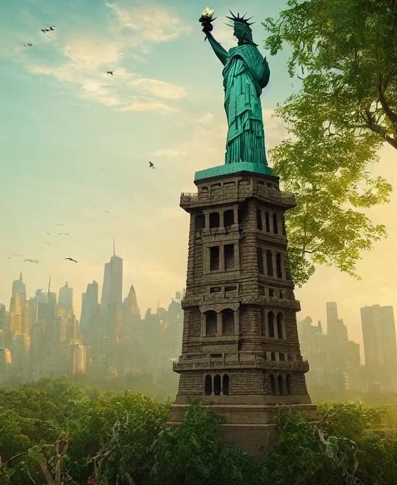 Image similar to highly detailed digital matte painting of a Lady Liberty statue with a few vines and nature with overgrowth Full shot. By Raphael LaCoste and Ruan Jia and Robert McCall, postcyberpunk, geodesic dome, hyperdetailed, sunrise, wide shot, autochrome, octane render