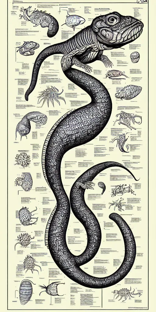 Prompt: squamata schematic, ultra detailed, 4 k, intricate, encyclopedia illustration, fine color inking lines