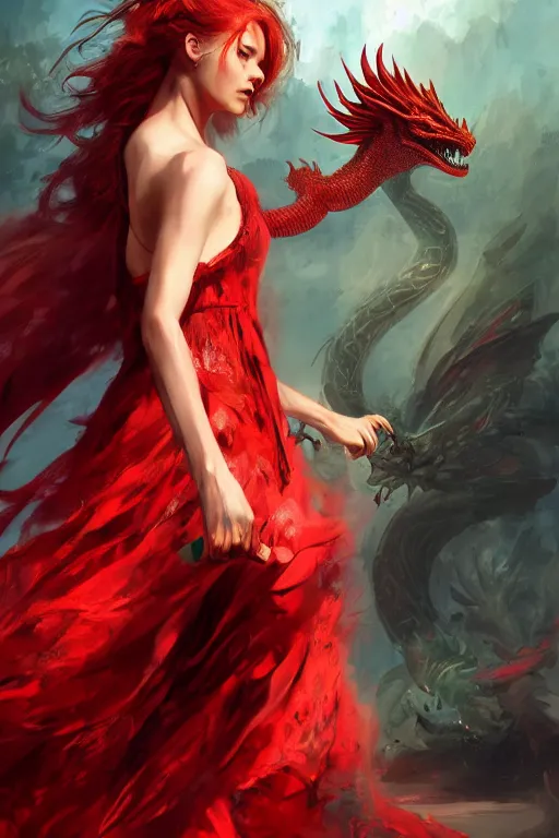 Prompt: Red hair woman in a sundress with a red dragon ,by Jaime Jones, Raymond swanland, Ruan Jia, Kentaro Miura, Artgerm,