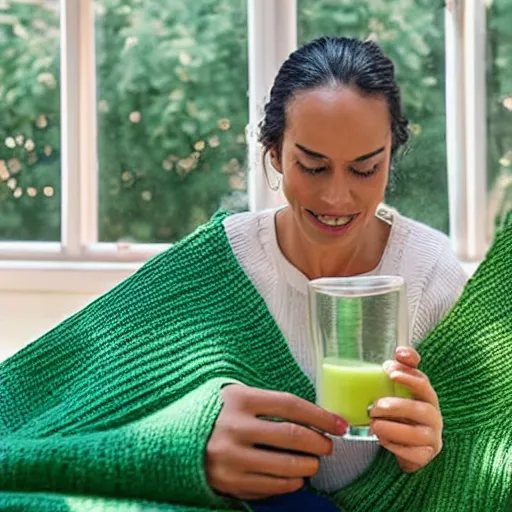 Image similar to knitted blankets women drinking green juice in front of window with a courtyard in the background