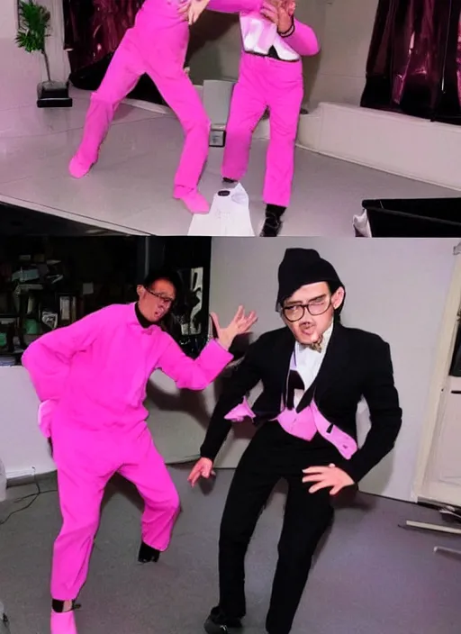 Prompt: goji singing in an scenario while filthy frank dances next to him in a pink outfit