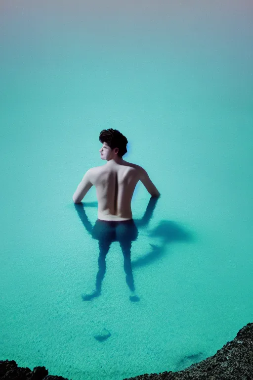 Image similar to high quality pastel coloured film mid angle docu photograph of a beautiful young 2 0 year old male, soft features, short black hair, swimming in an icelandic black rock pool environment. atmospheric. three point light. photographic. art directed. ( pastel colours ). volumetric light. clearcoat. waves glitch. 8 k. filmic.