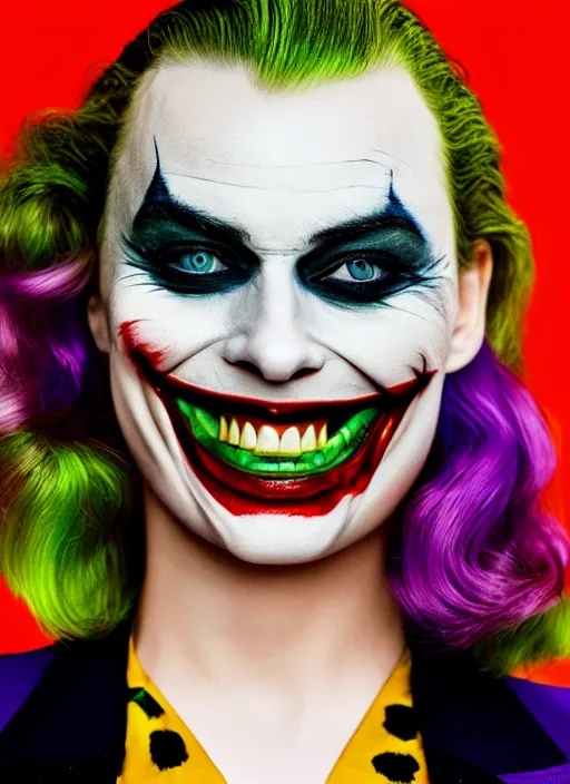 Prompt: photo of Margot Robbie as the Joker by Mario Testino, head shot, detailed, award winning, Sony a7R