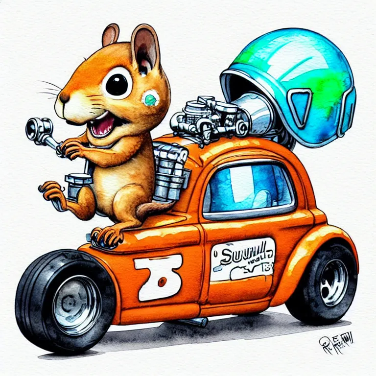 Image similar to cute and funny, squirrel wearing a helmet riding in a hot rod with oversized engine, ratfink style by ed roth, centered award winning watercolor pen illustration, isometric illustration by chihiro iwasaki, edited by range murata, tiny details by artgerm and watercolor girl, symmetrically isometrically centered, sharply focused