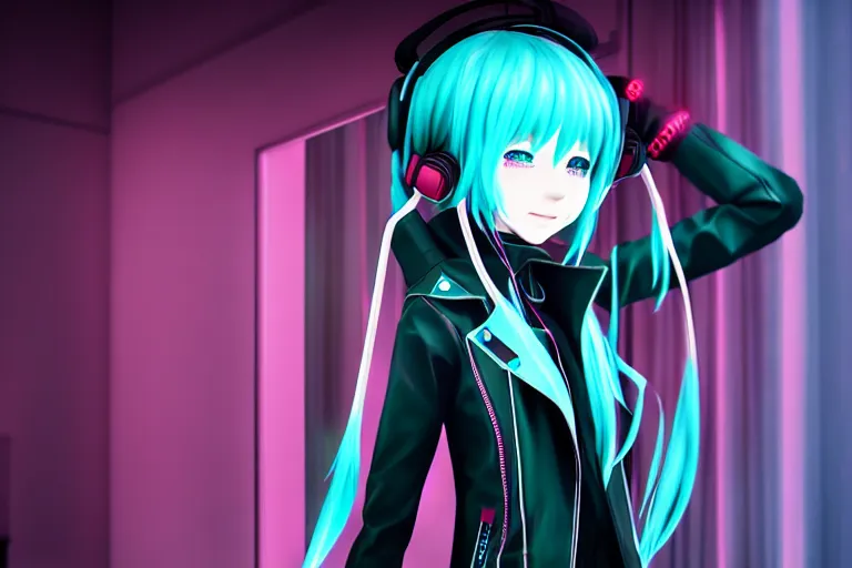 Image similar to hatsune miku with headphones is looking at a rainy window in the style of a code vein character creation, cyberpunk art by Yuumei, cg society contest winner, rayonism light effects and bokeh, daz3d, vaporwave, deviantart hd