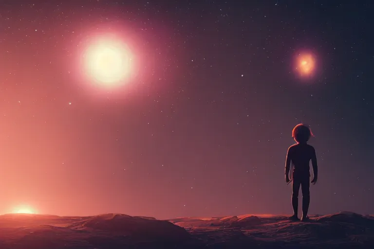 Prompt: tiny homunculus standing alone in cosmic dream landscape, cinematic, octane render, hyper detailed, lens flare, 4 k