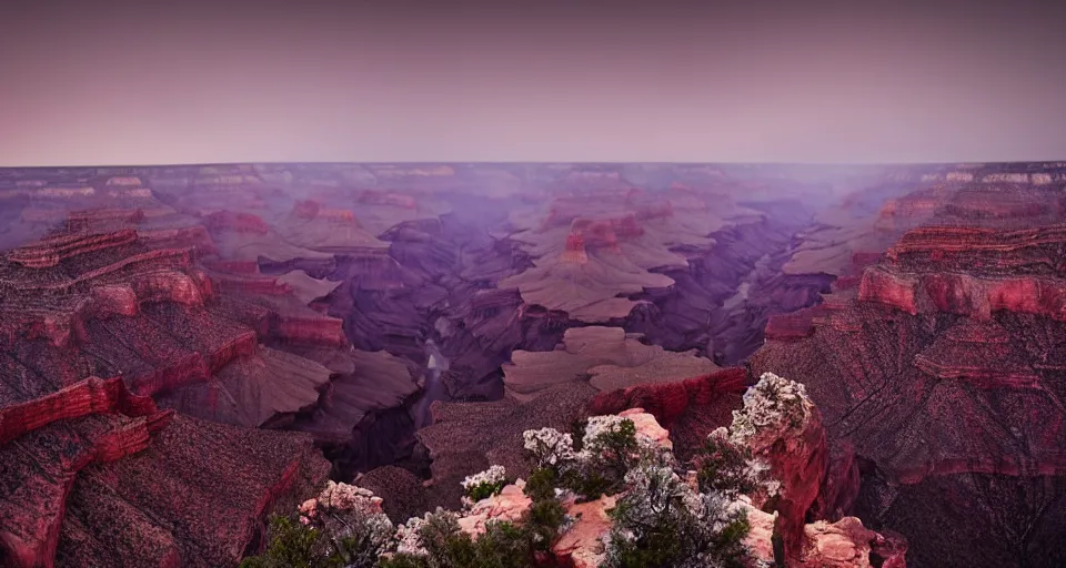 Image similar to The Grand Canyon at night during a Blood Moon Lunar Eclipse, evil, demonic, enchanting, misty, haze, clouds, angelic, flowers, nature, symmetry, environment concept, cinematic, Rendered in Octane, cgsociety, moody lighting rendered by octane engine, cinematic lighting, intricate details, 8k detail post processing, hyperealistic, photo realism, by Stephen King