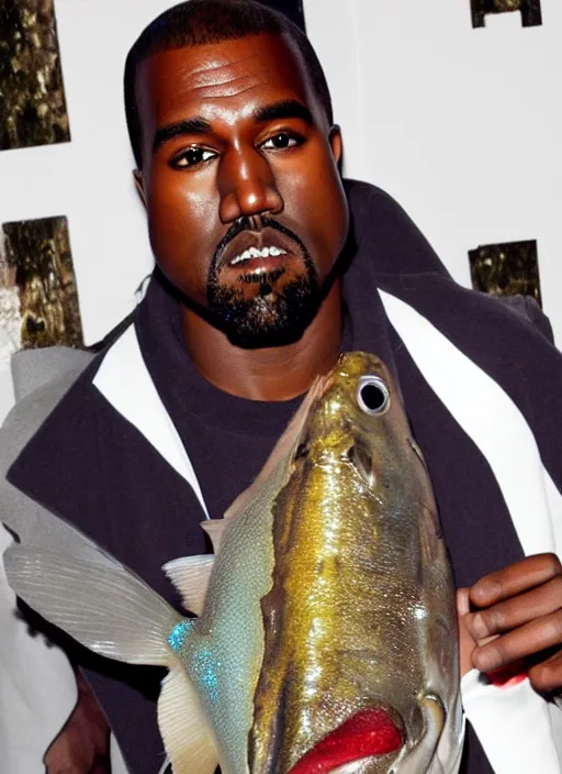 Image similar to a photograph of Kanye West in a fish costume