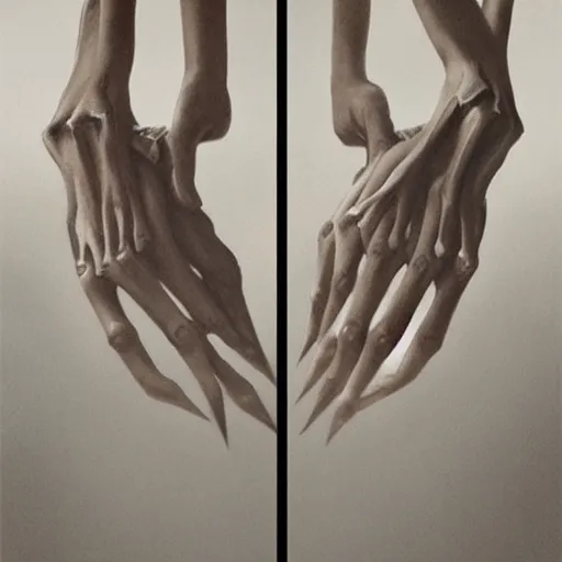 Prompt: Holding hands, vertical symmetry, close up shot, detailed hands, detailed skeleton hands, beautiful moody artwork by Greg Rutkowski and Asher Duran