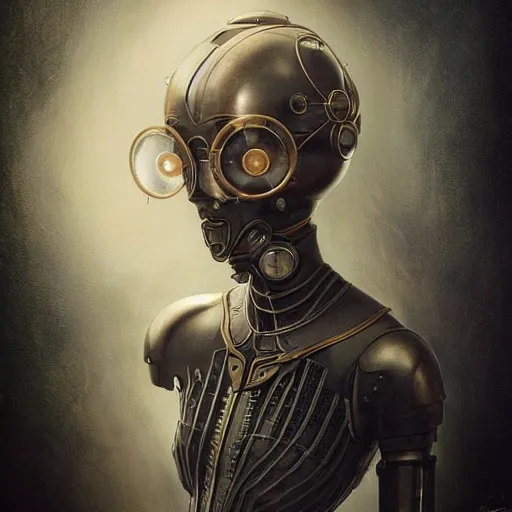 Prompt: tom bagshaw, curiosities carnival metal cables, photorealistic medium shot soft paint of a single beautiful bald female full long futuristic metallic armor ornate tight steampunk helmet, face, gynoid body, accurate features, focus, very intricate ultrafine details, award winning masterpiece