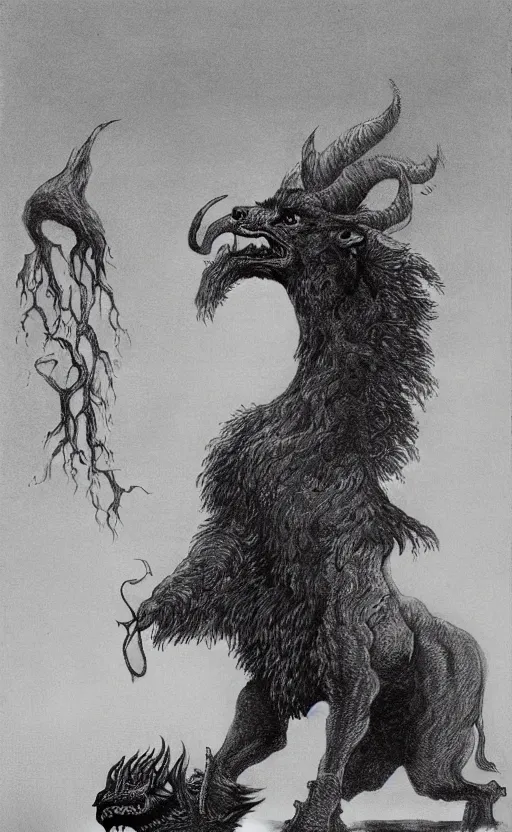 Prompt: a creature with the body and eyes of a man, with the beak of an eagle, the mane of a lion, and the horn of a bull. drawn by moebius and zdzislaw beksinski