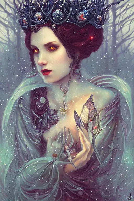 Image similar to jeweled Crown, other worldly, fairy winter court, snow, art nouveau, by Anato Finnstark, Tom Bagshaw, Brom