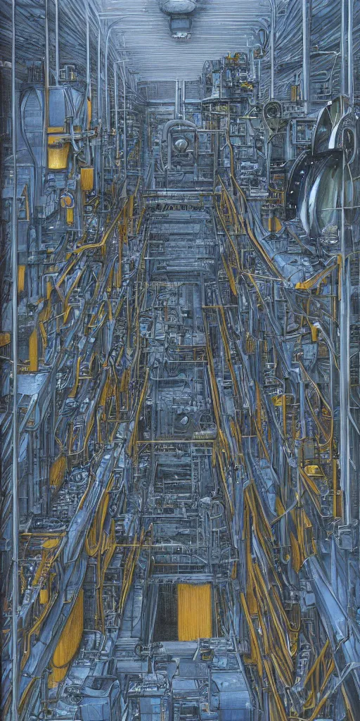 Image similar to Artwork by John Howe of the cinematic view of Helical Propellant Chamber Compression Warehouse.