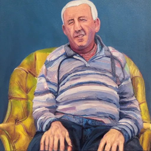 Image similar to adam sandler as a very old man sitting in a rocking chair, oil painting