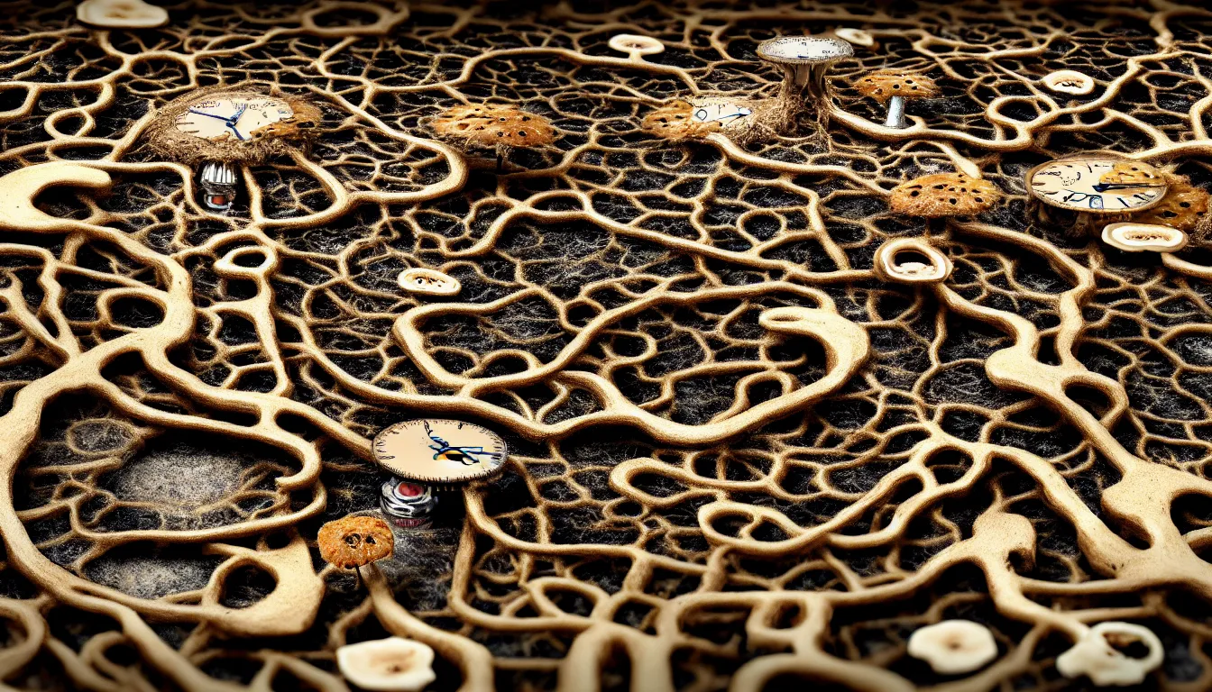 Prompt: detailed view from inside wet ink a clockwork watch bone landscape, entangled roots covered in mushrooms, cracked earth, growing living spore microorganisms, decaying, rusty, hyper realistic photo, full colour, upscale, 8 k