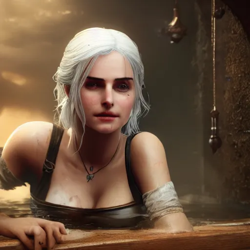 Prompt: Concept art of Ciri from the Witcher 3 in wooden bath, 8k, uhd