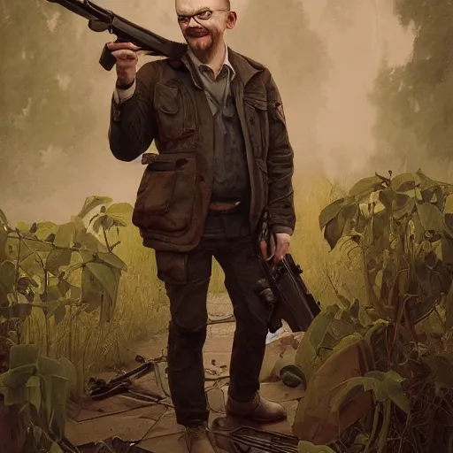 Image similar to portrait painting of joyful simon pegg with a winchester, ultra realistic, concept art, intricate details, eerie, highly detailed, photorealistic, octane render, 8 k, unreal engine. art by artgerm and greg rutkowski and alphonse mucha