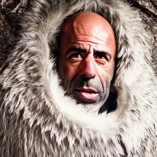 Image similar to Photo portrait Joe Rogan as a wax neanderthal cave man exaggerated brow wrapped in fur cloak screaming like a savage in the natural history museum background dramatic lighting 85mm lens by Steve McCurry