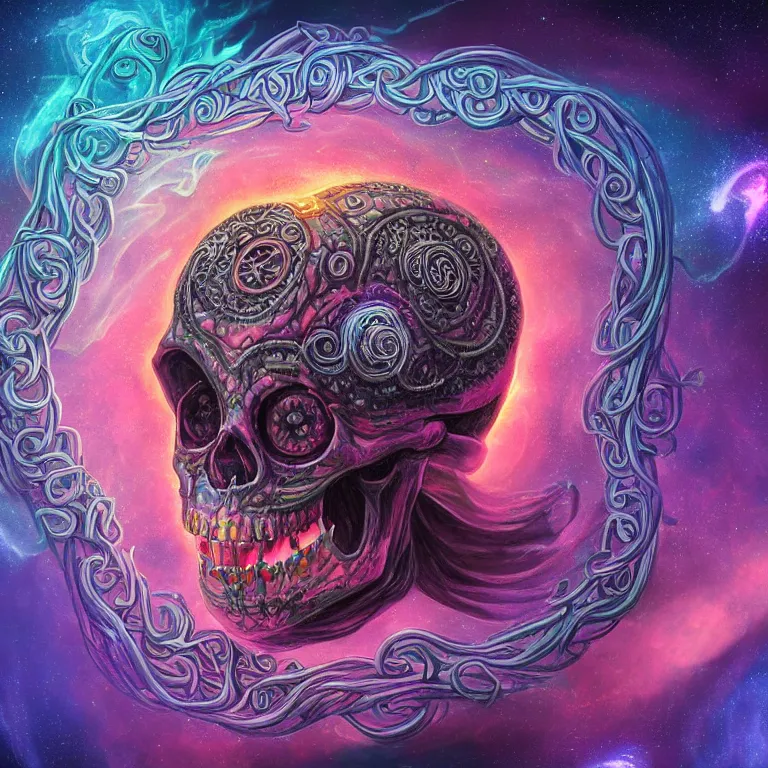 Prompt: a giant skull with intricate rune carvings and glowing eyes with three dimensional symmetrically braided lovecraftian tentacles haunting the mythical cosmos with twirling smoke trail and a twisting vortex of dying galaxies, digital art, vivid colors, highly detailed