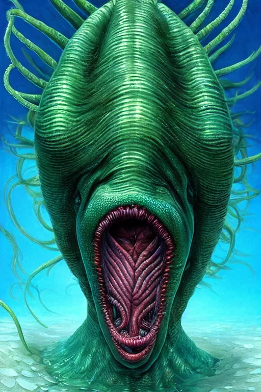 Image similar to hyperrealistic close-up surrealism underwater creature monster!! highly detailed concept art eric zener elson peter cinematic hard green lighting high angle hd 8k sharp shallow depth of field, inspired by David Paul Cronenberg and Zdzisław Beksiński