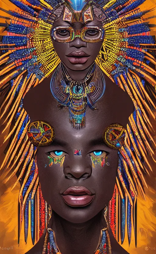 Prompt: upper half portrait of retro futuristic african tribal chief - embellished with vegetation and iridescent crystals, art by stanley artgem lau, highly detailed, digital painting, concept art, illustration, smooth sharp focus, intricate, symmetry, artstation, colourful,