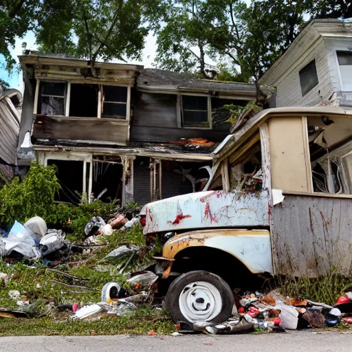 Image similar to a run down house with stacks of trash 1 0 feet high in front of the house. run down house is in a suburban neighborhood in america. broken and rusted golf cart in street in front of house