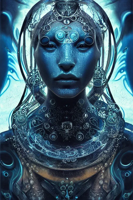 Prompt: a centered render of an ancient futuristic shaman with digital modifications surrounded by a underwater ink pour and flowing liquid gallium and complex sacred geometry, perfect body and face, powerful, cinematic, beautifully lit, by artgerm, by karol bak, 3 d, trending on artstation, octane render, 8 k