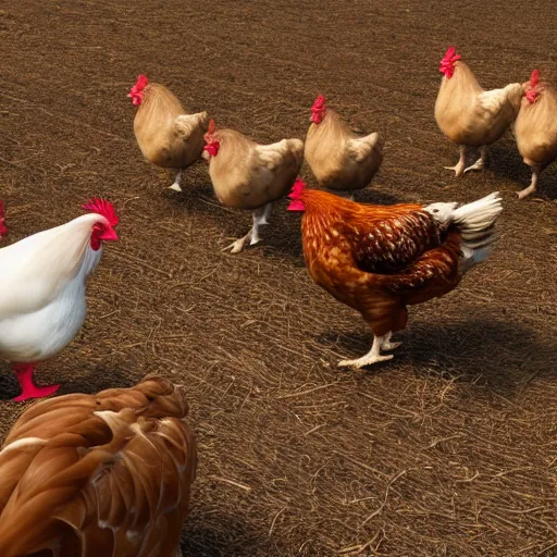 Prompt: photo of a chicken with no head stand in a farm with other regular chickens, higly detailed, 8 k, photorealistic