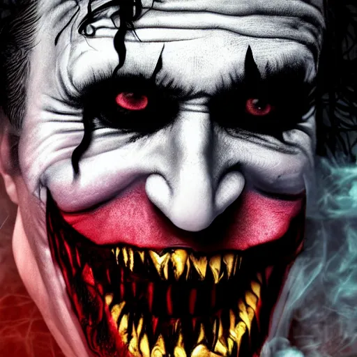 Image similar to joker, smiling, unnatural grin, horror, creepy, smoke, black, dark, glow