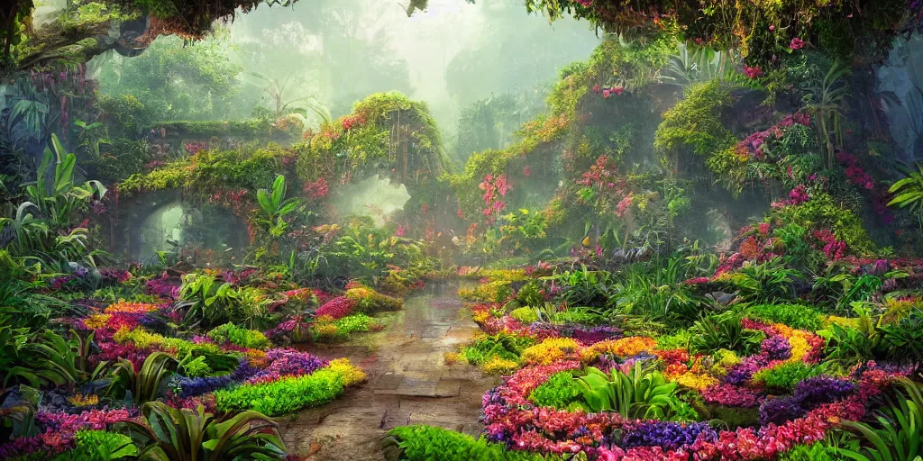 Prompt: An alien jungle, colorful flowers, pathway, reflection, rain, morning light, photorealistic, realistic, depth of field, temple ruins!, high definition, soft light, high definition, detailed, 8k, artstation