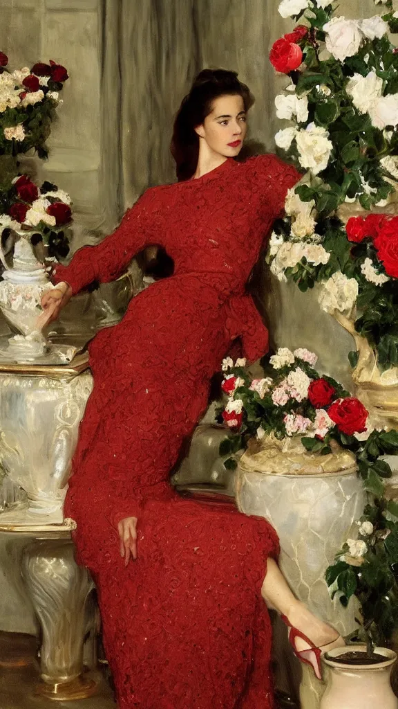 Prompt: beautiful young carole bouquet in detailed golden sleeve balloon lace dress beside a pot of red roses set near a persian pot by john singer sargent