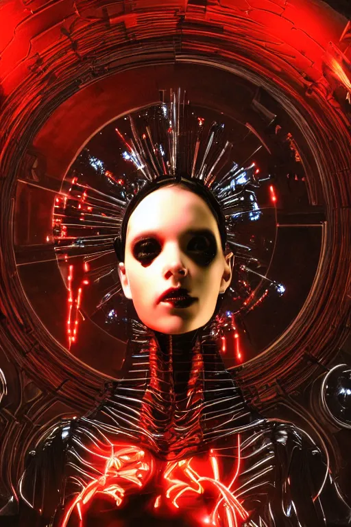 Image similar to full-body cyberpunk style sculpture of a young beautiful dark priestess, half android with a head opening exposing circuitry, glowing red eyes, black roses, flowing blood-red colored silk, fabric, candles, baroque elements, human skull, full-length view. baroque element, intricate artwork by Caravaggio. crows flying in background. Trending on artstation. cinematic lighting from the right, hyper-realism, octane render, 8k, depth of field, 3D