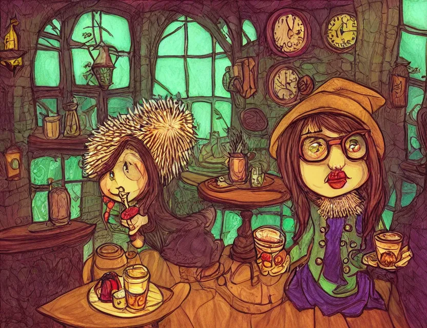 Prompt: hedgehog witch in a suspicious cafe. complementary colors, copic markers, indie concept art, bloom, chiaroscuro, backlighting, intricate details.