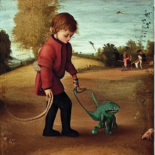 Prompt: a kid at the park walking a dinosaur with a leash, renaissance oil painting